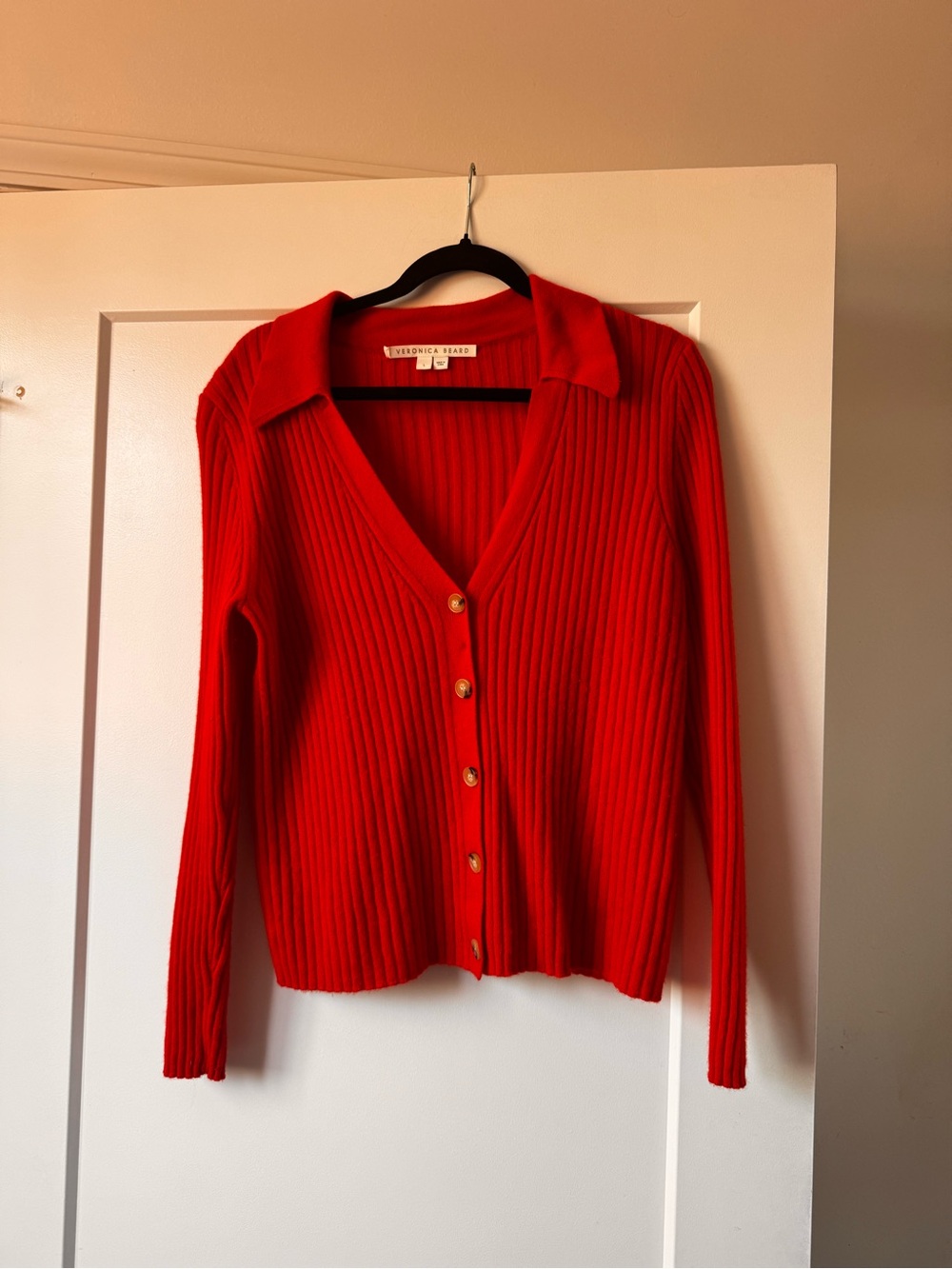 Veronica Beard Bright Red Ribbed V-Neck Button Cardigan 100% Cashmere